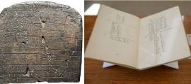 The script Linear B on a clay tablet, and a book containing decipherment notes.