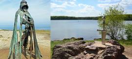 King Arthur monument in Tintagel, Cornwall.(left), Excalibur in Brocéliande Forest, Brittany, France.(right)
