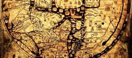 Detail, the medieval Hereford Mappa Mundi, “Cloth of the World” in Hereford, England. Circa 1300.