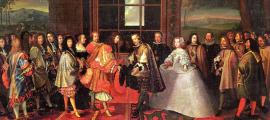 Meeting on the Isle of Pheasants, June 1660; Maria Theresa is handed over to the French and her husband by proxy, Louis XIV.  