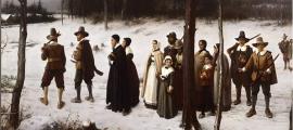 Pilgrims going to church.	Source: Public Domain