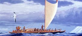 A Wa'a Kaulua (double canoe) of Hawaiian Nobility of the 18th Century. Polynesia was inhabited by skilled seafarers.