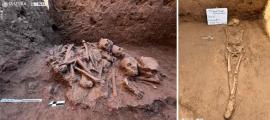 Left, stacked bones of pre-Hispanic burial system; Right, complete skeleton. Source:  Claudia Servín Rosas/INAH