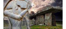 Deriv; Ancient Celtic dolmen from Poulnabrone, Ireland and carved Egyptian deity Thoth 