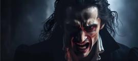 AI close-up portrait of Dracula baring his sharp fangs, with a predatory glare in a dark room.		Source: EOL STUDIOS