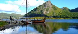 Replica of 9th century Viking ship docked in Norway. 