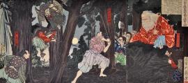 Yoshitoshi, Ushiwaka Maru learns Martial Arts from Sojobo, King of the Tengu, 1880