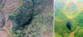 Right; China sinkhole forests show biodiversity in Hanzhong. Right Sinkhole examined in 2022. 	 Source: Left; Charlie fong/CC BY-SA 4.0, Right; Zhou Hua / Xinhua