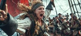 Female Captain Pirate, representing Grace O’Malley, screams to attack. 