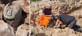 left; the recently excavated Greek-Illyrian helmet, Right; archaeologists extracting the helmet at the site. Source: Dubrovnik Museums
