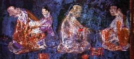 Detail of a mural from an Eastern Han tomb (25 to 220 AD) at Zhucun, Luoyang, Henan province. The painting utilizes Han purple and Han blue pigment. Source: Public domain