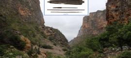 Landscape of Rancho Quemado, where the Treasure Cave is located with, inset, the atlatl and two wooden darts, found in Treasure Cave, Querétaro, Mexico        Source: Jesús E. Medina V./ INAH