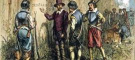 Painting by Englishman John White of Sir Walter Raleigh’s 1590 Expedition to Roanoke Island to find the Lost Colony, where they found “Croatoan” carved on a tree. This may refer to either Croatoan Island or the Croatoan people. Source: Public Domain