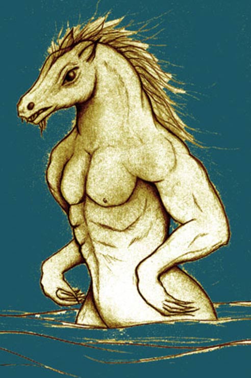 Representation of each-uisge, a supernatural water horse found in the lochs of Scotland.