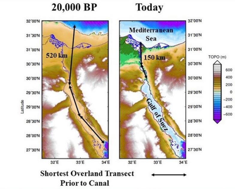  Sea level surrounding the Isthmus of Suez at the Last Glacial Maximum (20,000 years ago) versus today. Note that the Gulf of Suez was dry land 20,000 years ago, making the portage 3 1/2 times as long as today’s crossing. (Image: Jerry Dobson/ Geographical Review)
