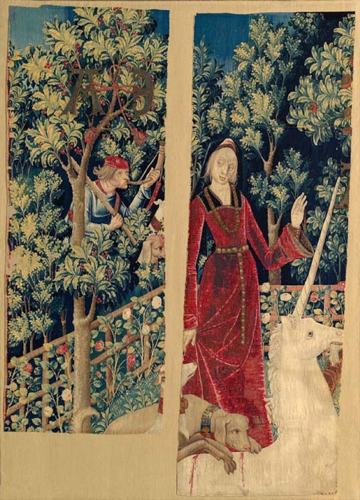 The fifth tapestry of the Unicorn Tapestries - The Unicorn is Captured or The Unicorn is Tamed and Betrayed by the Maiden. (The Public Domain Review / Public Domain)
