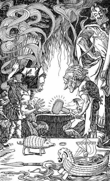 "The third gift — an enormous hammer" by Elmer Boyd Smith. The dwarves Sons of Ivaldi forge the hammer Mjolnir for the god Thor while Loki watches on. On the table before them sits their other creations: the multiplying ring Draupnir, the boar Gullinbursti, the ship Skíðblaðnir, the spear Gungnir, and golden hair for the goddess Sif. (Public Domain)