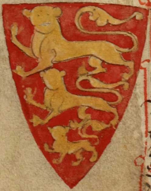 The three lions motif is historically attributed to Henry II or Henry III by the monk Matthew Paris in his Historia Anglorum and Chronica Majora written in 1250s AD. This image is from Historia Anglorum and is the coat of arms of King Henry III. (Matthew Paris - British Library website / Public domain)