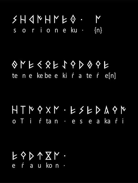 Una transcripción de los signos de la Mano de Irulegi. La primera palabra es 'sorioneku', que puede significar 'de buena fortuna o presagio'. (SC Aranzadi)