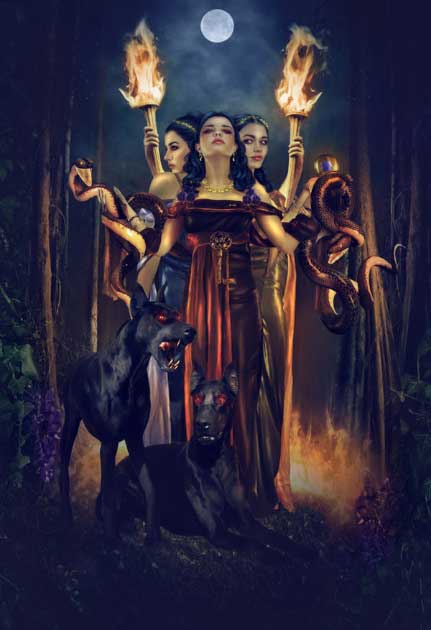 A modern representation of a triple-formed Hecate holding torches and accompanied by black dogs. (mari-na / Deviant Art)