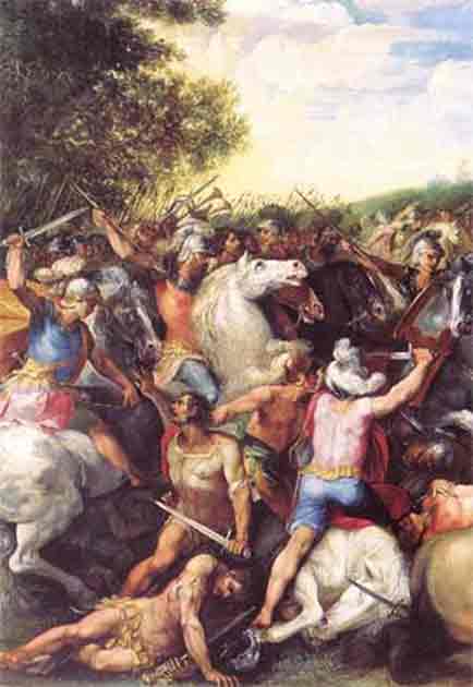 Tullus Hostilius defeating the army of Veii and Fidenae, modern fresco. (Public Domain)