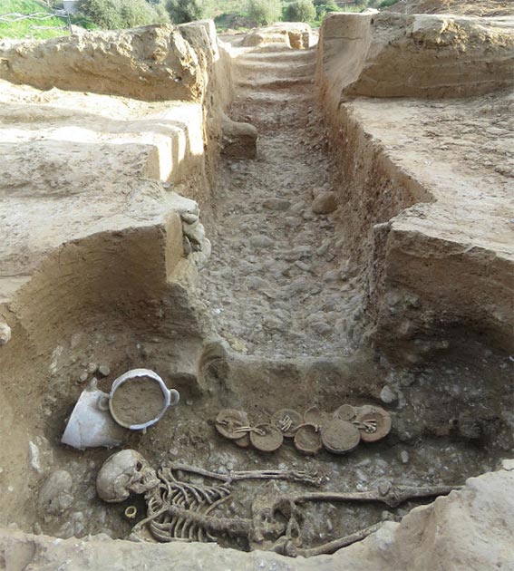 View of the Etruscan burial chamber and the stairs and the corridor of the hypogeum.