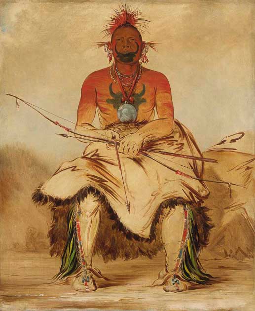 A Pawnee warrior with his traditional Mohawk hairstyle, in an 1832 painting by George Catlin. (Public domain)