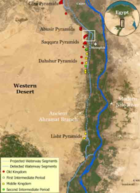 The water course of the ancient Ahramat Branch borders a large number of pyramids dating from the Old Kingdom to the Second Intermediate Period, spanning between the Third Dynasty and the Thirteenth Dynasty. (Eman Ghoneim et al./Nature)