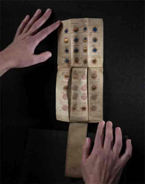 WHATSAPP, DOC? When folded, this vellum almanac               would attach to a person’s belt. During the Middle Ages, physicians would use such books to diagnose and treat their patients, the medieval equivalent of a WebMD smartphone app. (University of Rochester photo / J. Adam Fenster)