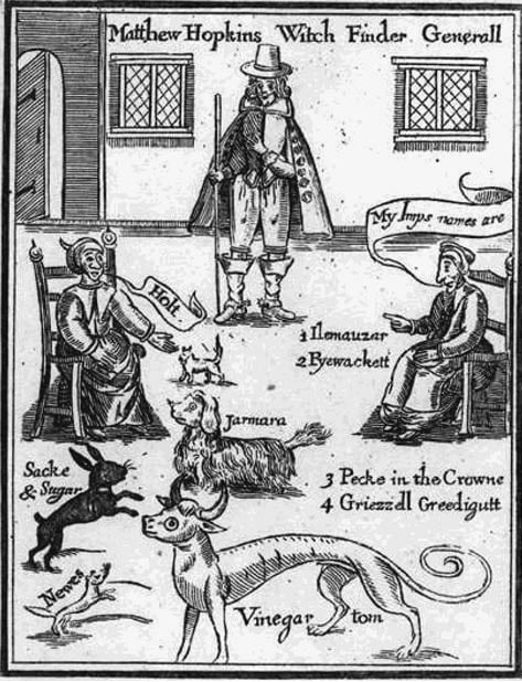 Frontispicio de The Discovery of Witches (1647), del cazador de brujas Matthew Hopkins, que muestra a las brujas identificando a sus espíritus familiares.