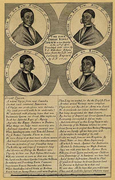 Cartel con cuatro grabados en madera que muestran retratos de los "cuatro reyes indios" y texto grabado de su discurso a la reina Ana en 1710. (Museo Británico / CC BY-NC-SA 4.0)