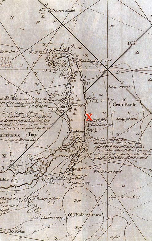 The location of the wrecked Whydah Galley in Cape Cod