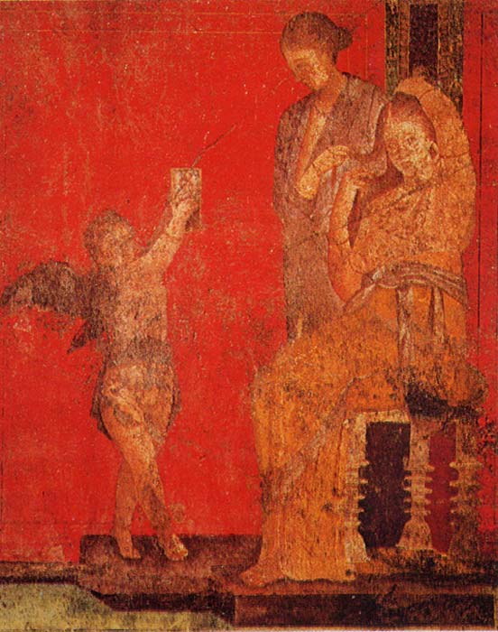 A young woman sits while a servant fixes her hair with the help of a cupid, who holds up a mirror to offer a reflection.